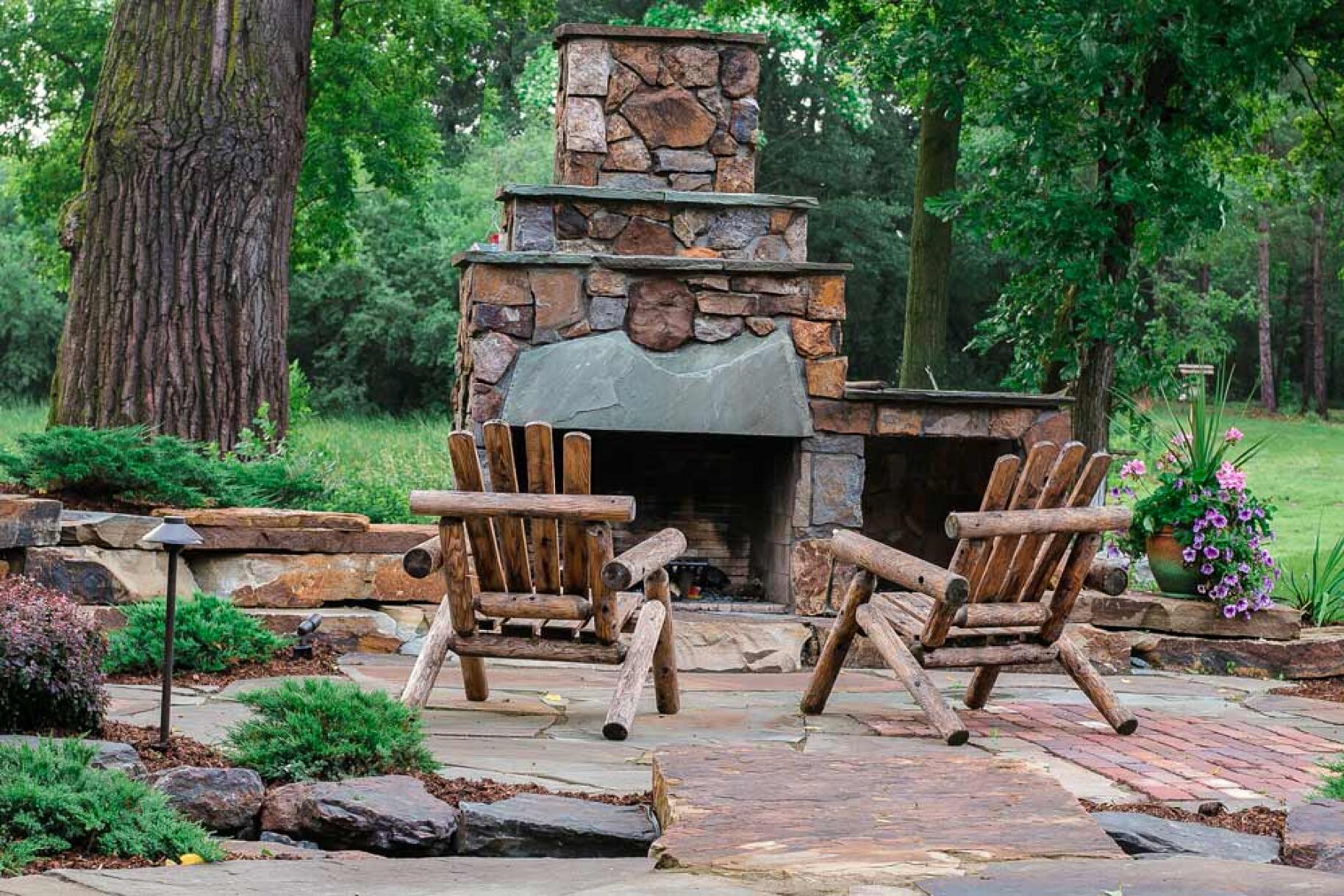 stone fire place and patio